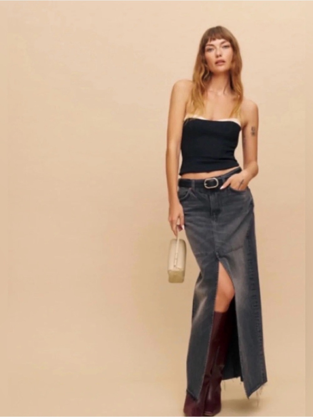 Reformation Tazz Black Denim Maxi Skirt with Front Slit